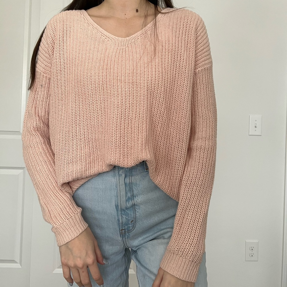 Pink Knit Sweater With Crisscrossed Back